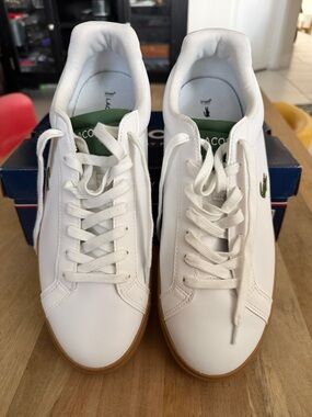 Lacoste White Leather Sneakers with Gum Outsole and Green Logo